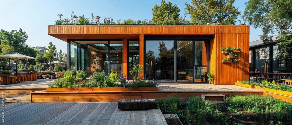 Moderne villa met strakke houten gevelbekleding op het bos-huisje