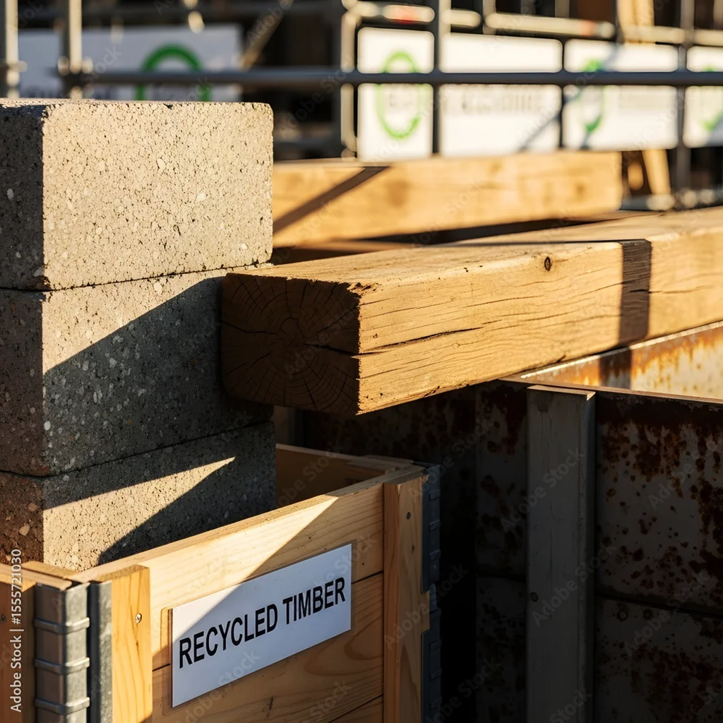 Hergebruikte houten balk met het label Recycled Timber voor urban mining hout